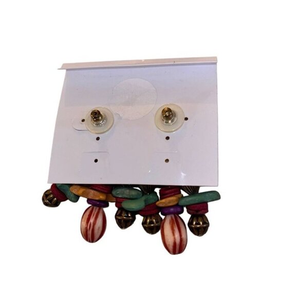 Vtg Dangle Chunky Purple & Gold Earrings w Multicolor Beads, Retro Statement - Picture 2 of 3